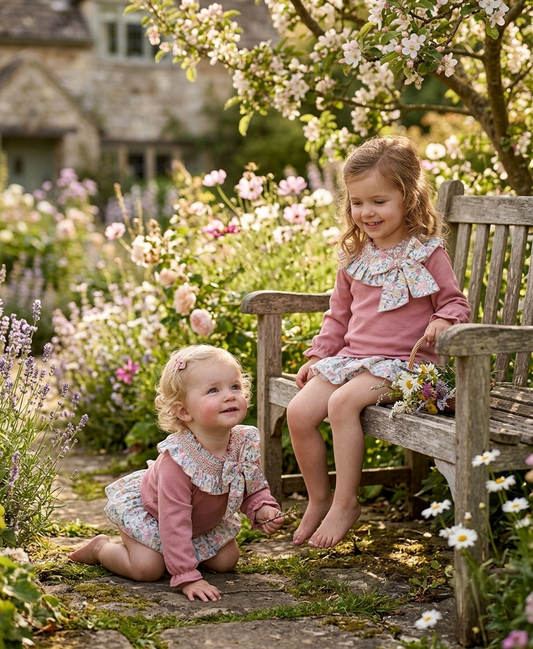 Conjunto Bebé Rosa y Braguita Floral con Cuello Nido de Abeja | Sonajero Kids