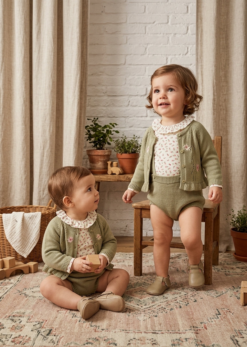 Conjunto 3 Piezas Punto Floral Verde Laurel | Moda Infantil | Sonajero kids