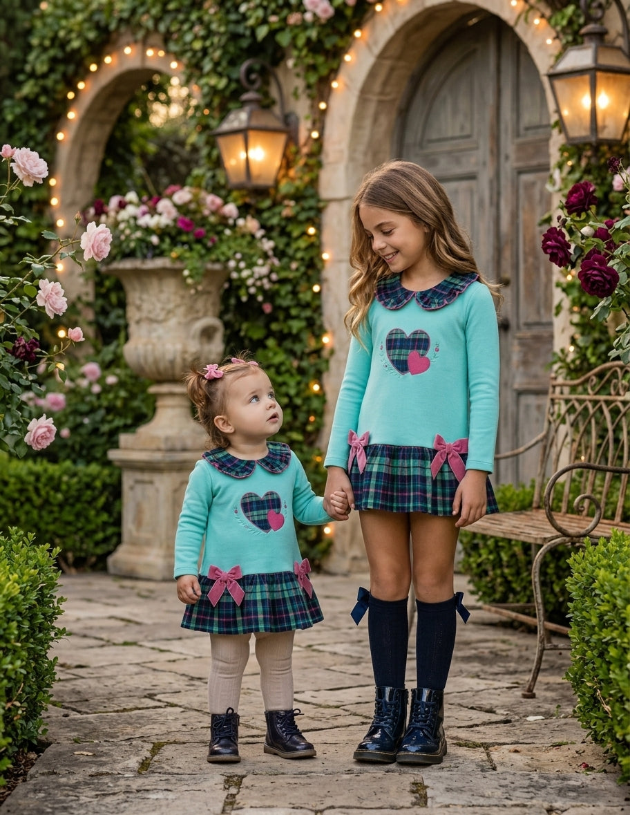 Vestido Turquesa Niña Corazón Cuadro Escocés | Sonajero Kids