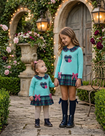 Vestido Turquesa Niña Corazón Cuadro Escocés | Sonajero Kids
