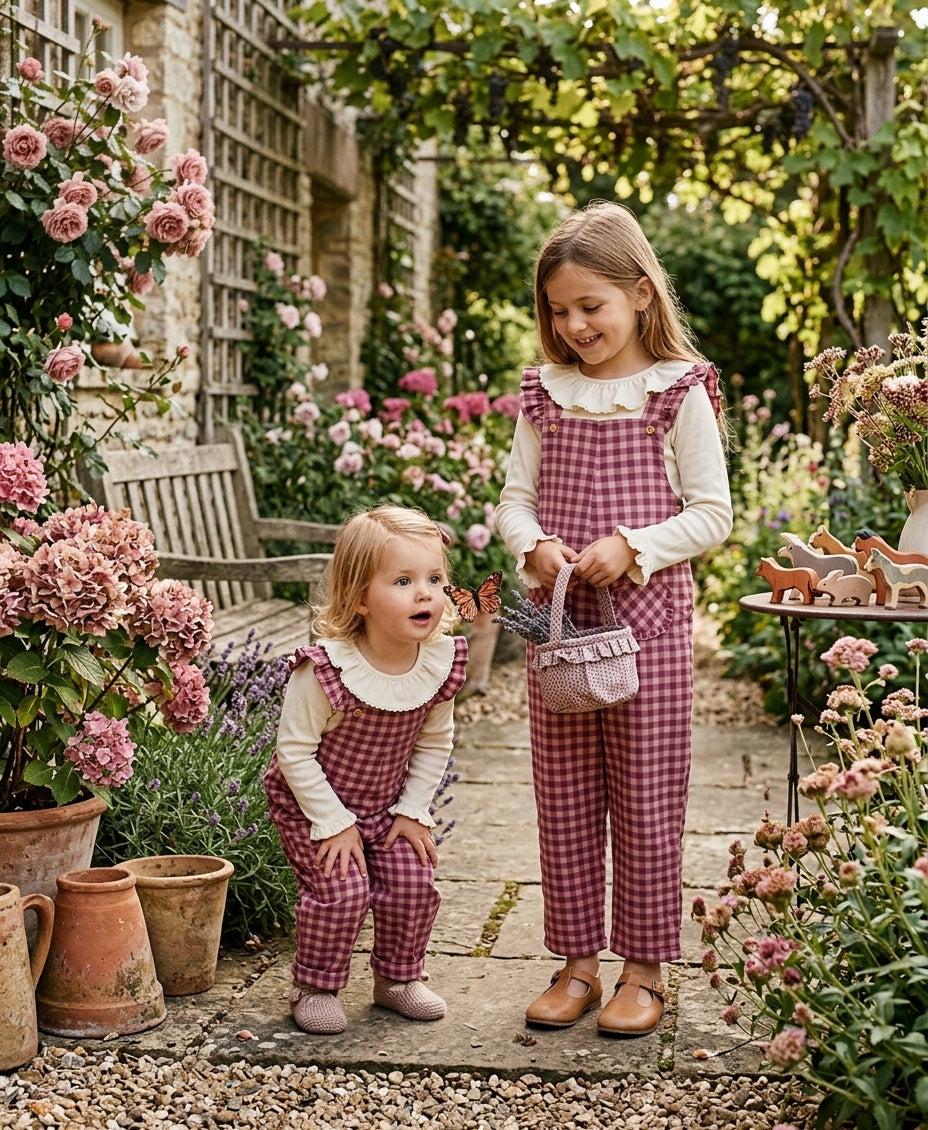 Mono Peto Vichy Malva & Camiseta Volante| Sonajero Kids