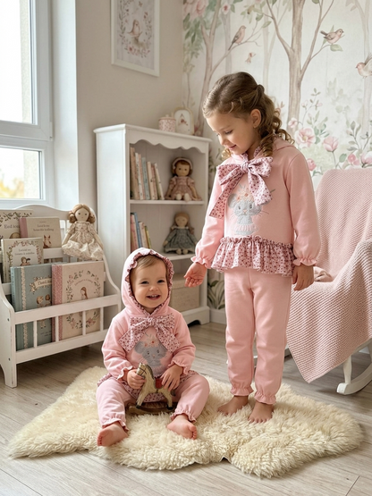 Chándal Rosa Niña con Bordado Ratita y Volante Floral | Sonajero Kids