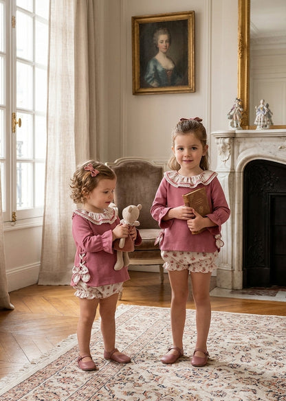 Conjunto Infantil Blusa Rosa Empolvado y Bloomer Floral | Moda Infantil | Sonajero Kids
