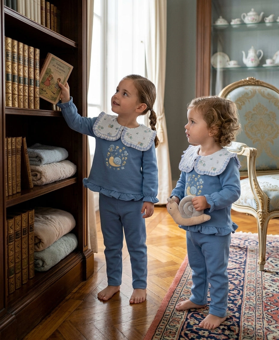 Conjunto Azul Bebe Cuello Bordado Caracol | Sonajero Kids