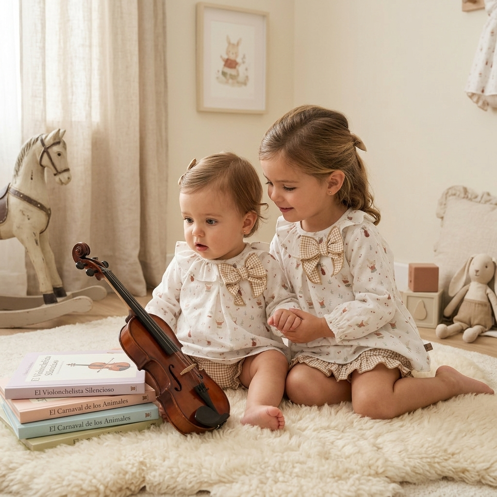 Conjunto Bebé Niña Blusa Conejitos y Braguita Vichy Beige | Sonajero Kids
