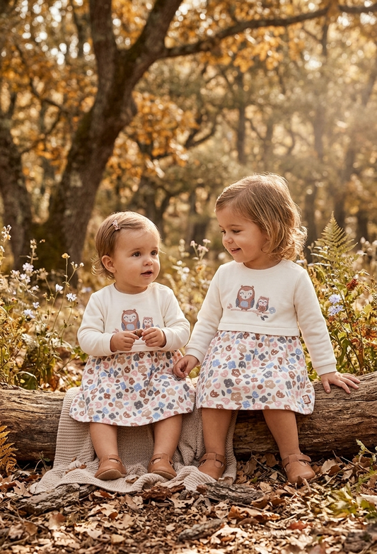 Vestido Sudadera Bebé Niña Búhos y Flores | Moda Infantil