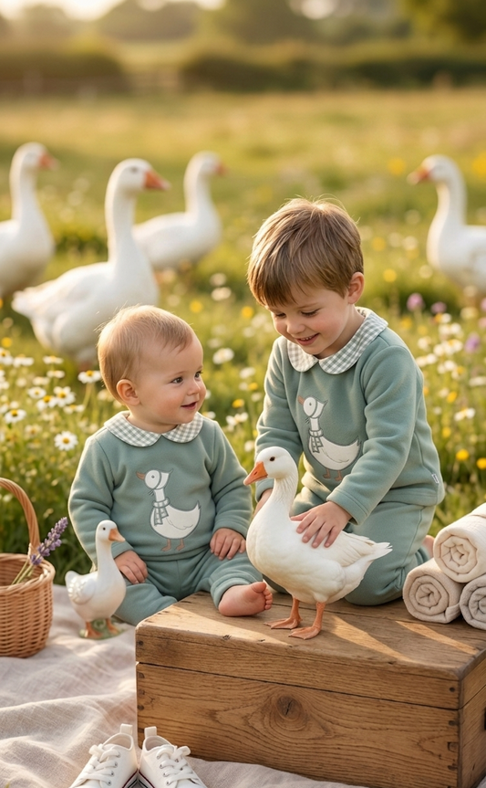 Chándal de Felpa Verde Salvia Bordado Ganso | Sonajero Kids