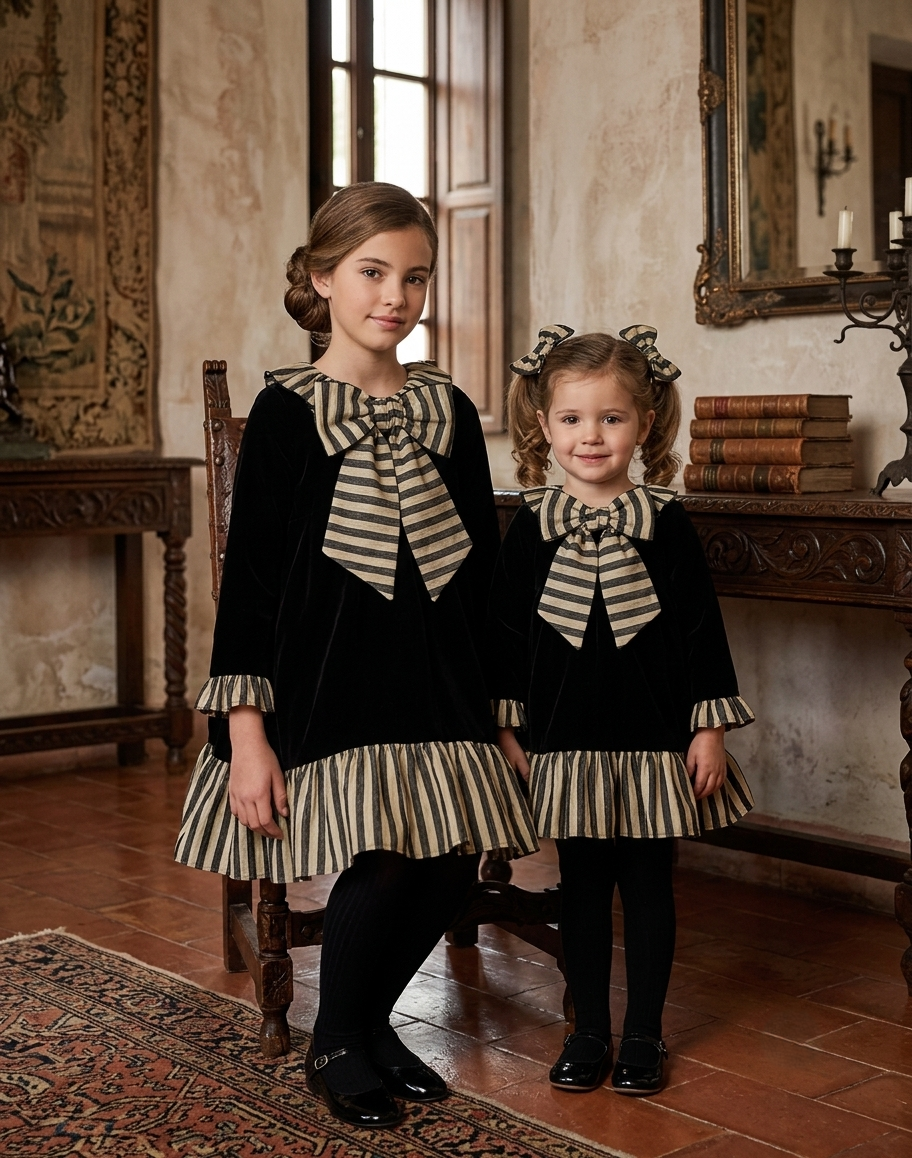 Vestido de Terciopelo Negro con Lazo a Rayas | Moda Infantil | Sonajereo Kids