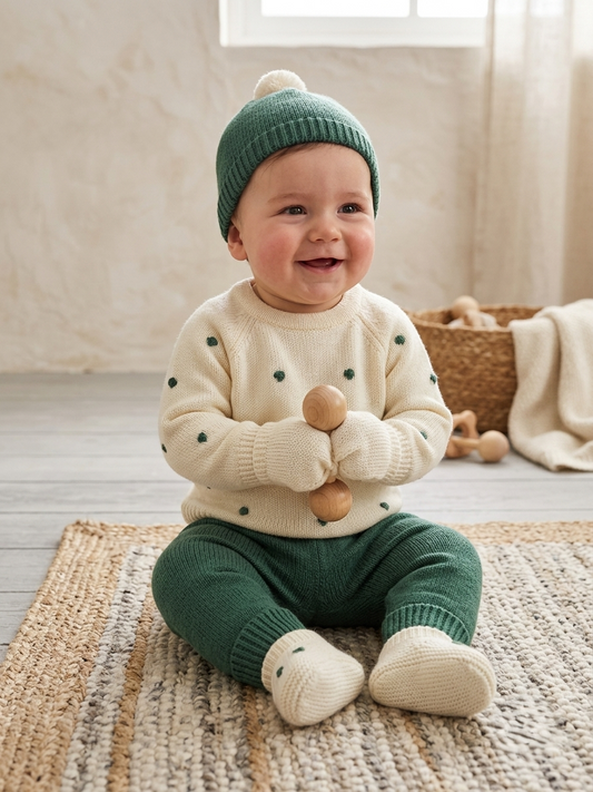 Conjunto de Punto Verde y Crema para Bebé | Ropa Bebé | Sonajero Kids