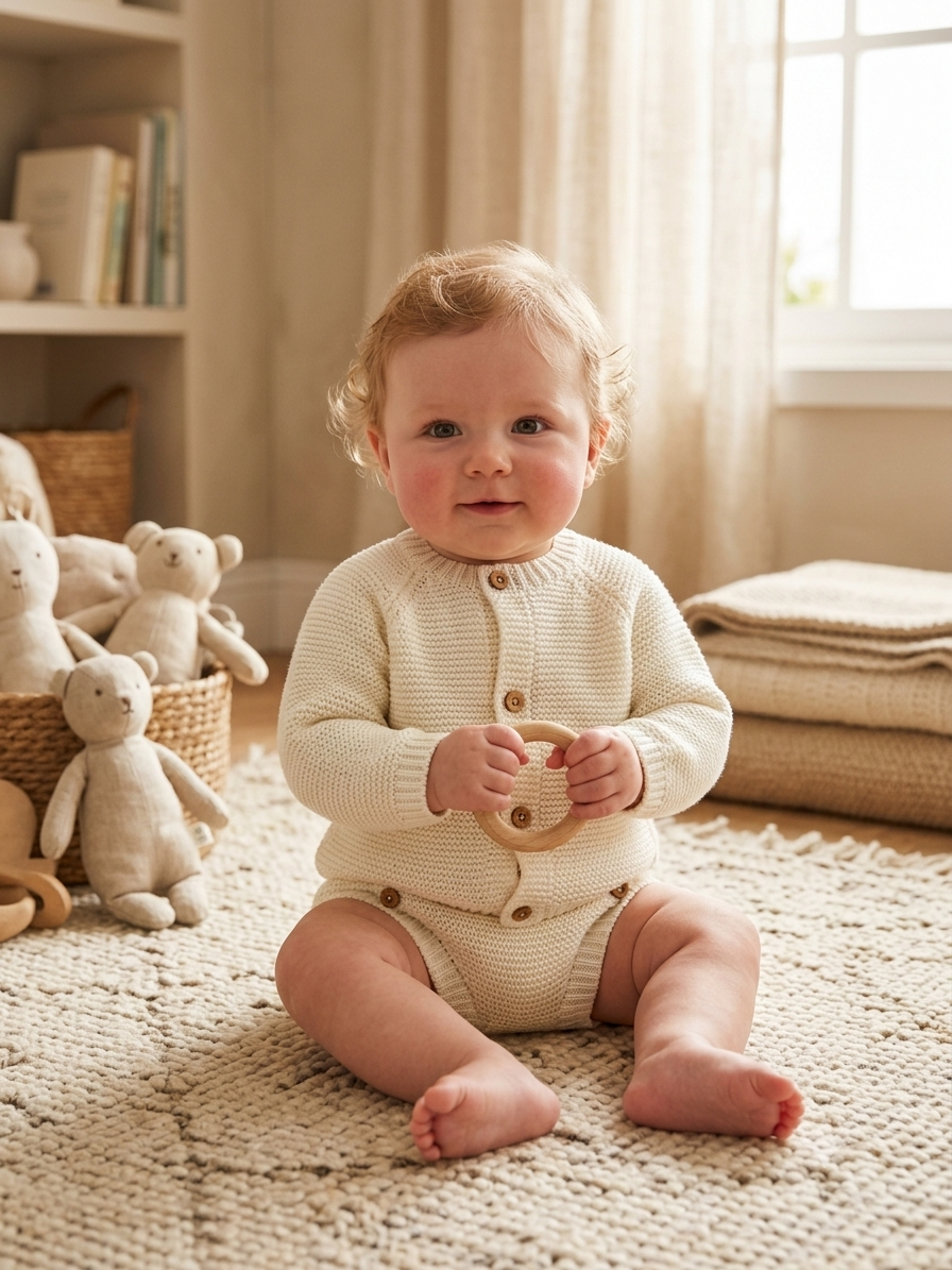 Conjunto de Punto para Bebé Blanco | Chaqueta y Cubrepañal | Sonajero Kids