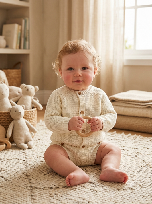 Conjunto de Punto para Bebé Blanco | Chaqueta y Cubrepañal | Sonajero Kids
