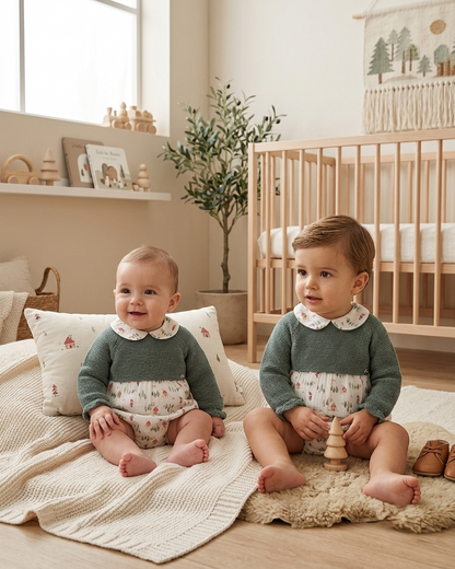 Ranita de Bebé en Punto Verde y Muselina Estampada | Sonajero Kids