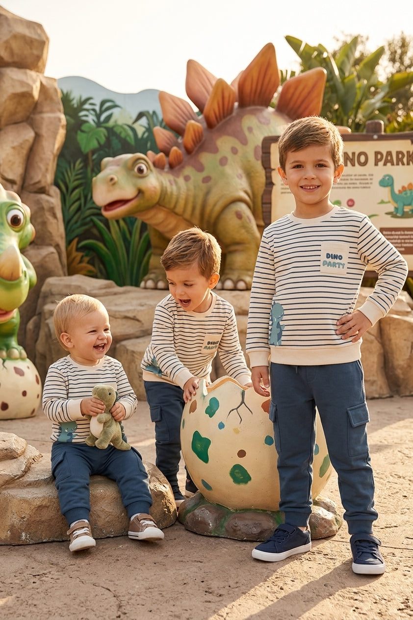 Conjunto Infantil Dino Party | Sudadera de Rayas y Cargo | Sonajero Kids