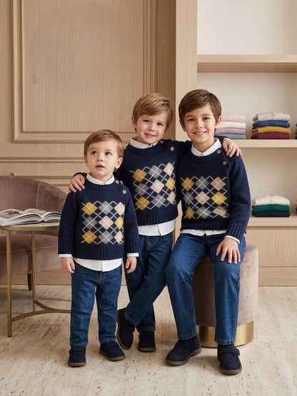 Conjunto 3 Piezas de Niño: Jersey Rombos, Camisa y Vaquero | Sonajero Kids