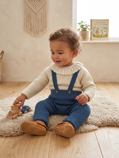 Conjunto de Punto Bebé Jersey y Peto Azul | Sonajero Kids