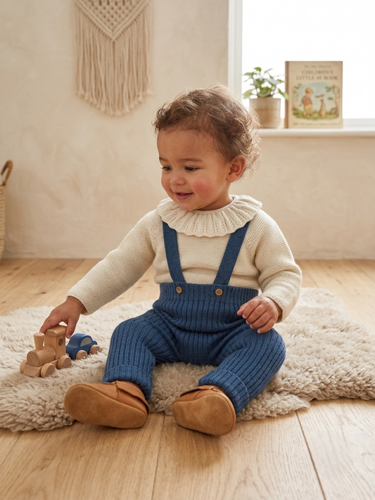 Conjunto de Punto Bebé Jersey y Peto Azul | Sonajero Kids