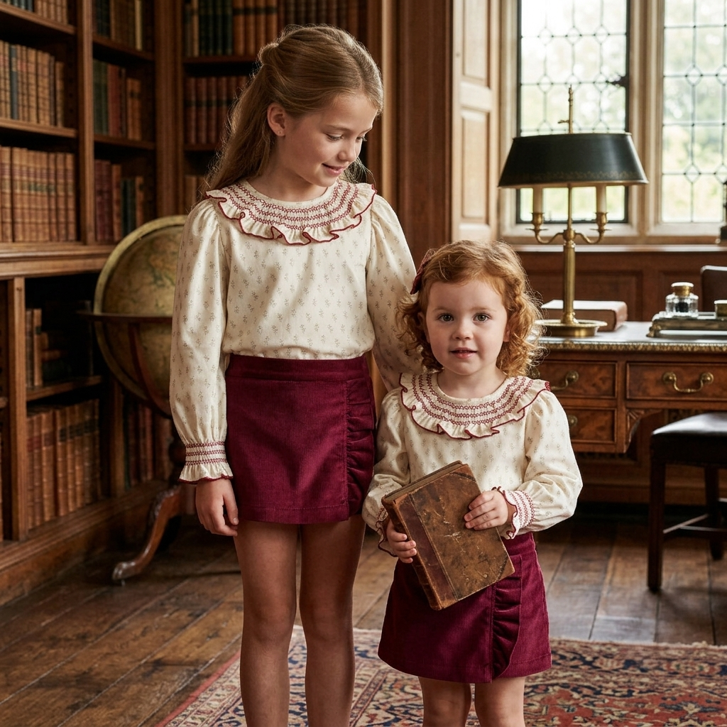 Conjunto Infantil de Blusa Floritas y Falda de Pana Burdeos | Sonajero Kids