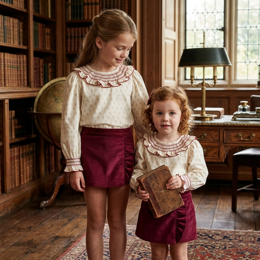 Conjunto Infantil de Blusa Floritas y Falda de Pana Burdeos | Sonajero Kids