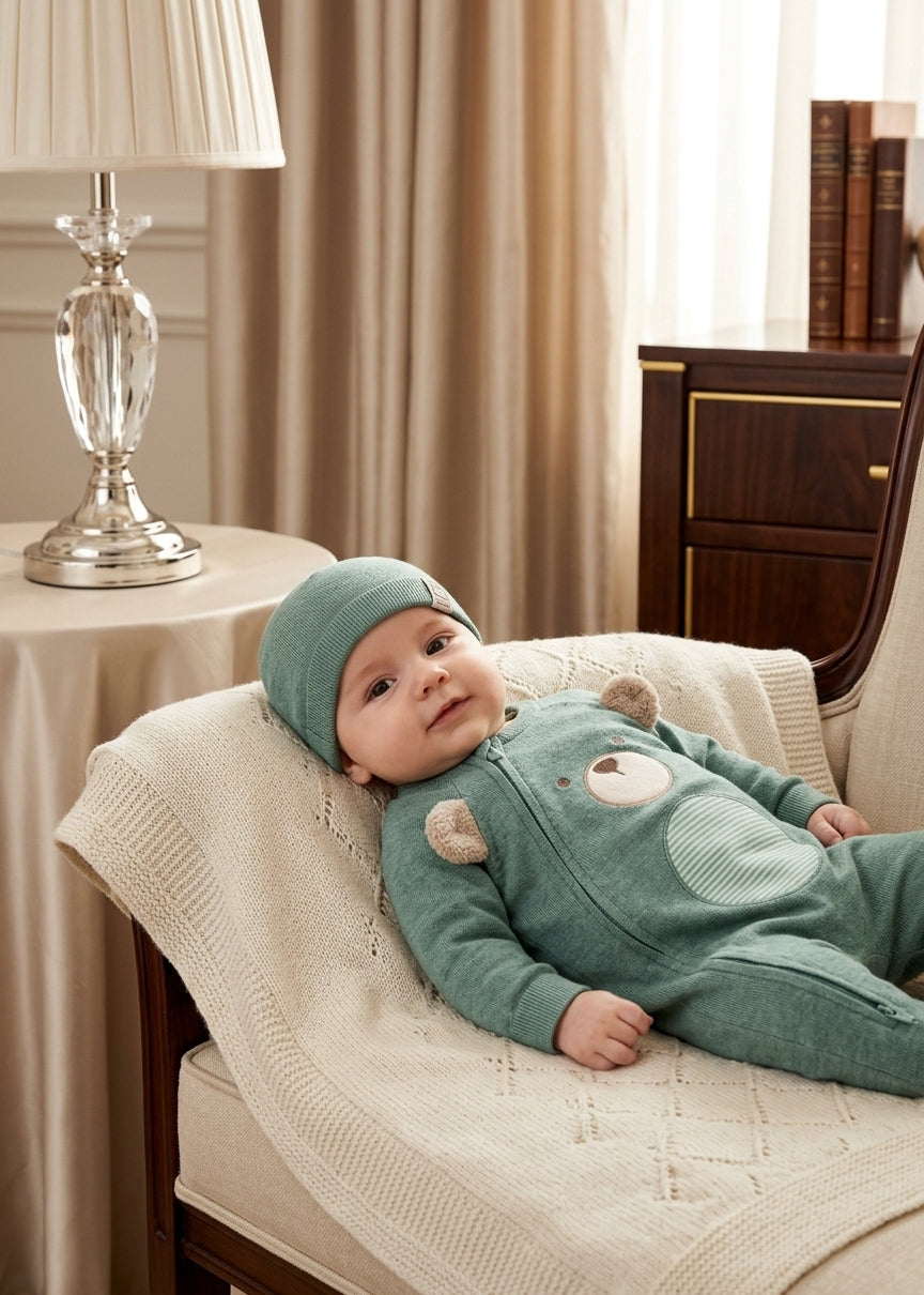 Pelele de Bebé Oso Verde con Gorro | Moda Infantil | Sonajero Kids