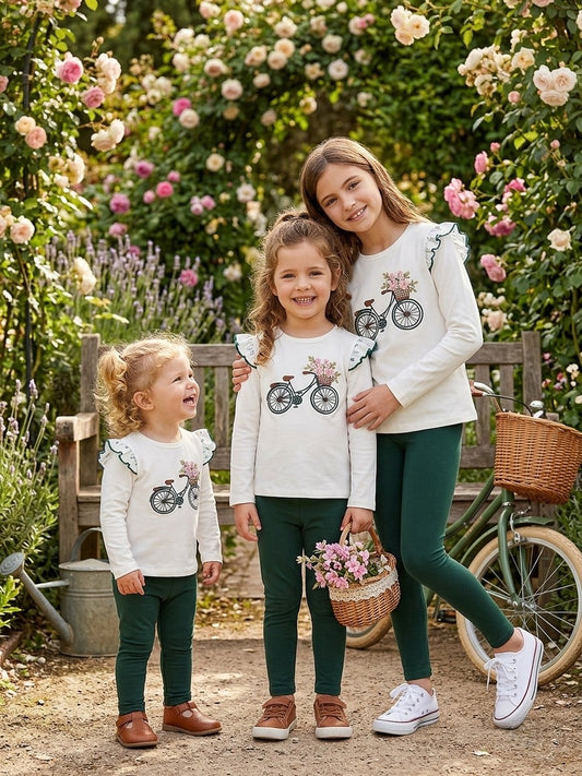 Conjunto Infantil Camiseta Bicicleta Floral y Leggings Verde | Sonajero Kids