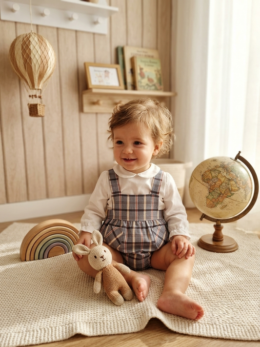 Conjunto Ranita Cuadros Azul y Blusa Bebé | Sonajero Kids