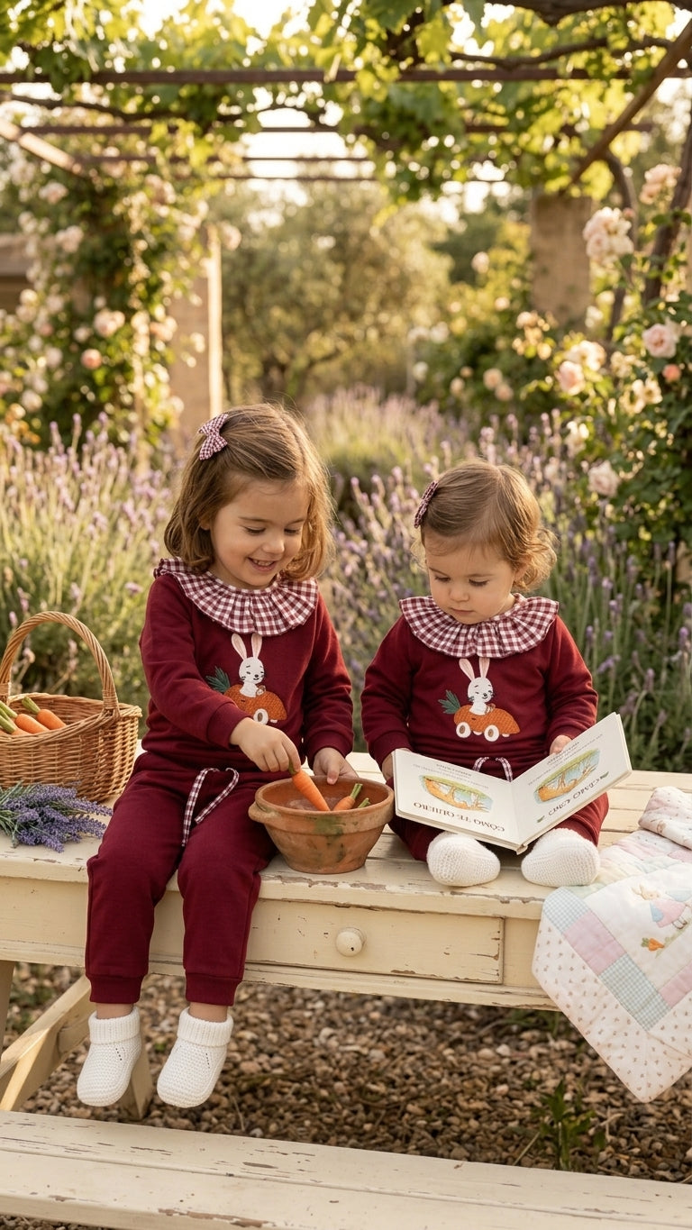 Conjunto Burdeos Bebé Conejito y Cuello Vichy | Moda Infantil | Sonajero Kids