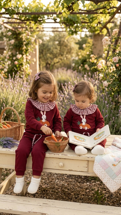 Conjunto Burdeos Bebé Conejito y Cuello Vichy | Moda Infantil | Sonajero Kids