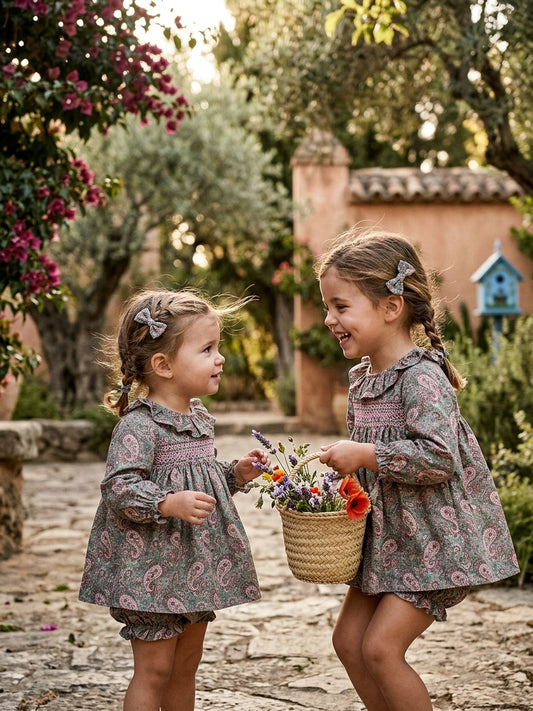Conjunto Infantil Blusón y Cubrepañal Paisley Verde y Rosa | Sonajero Kids