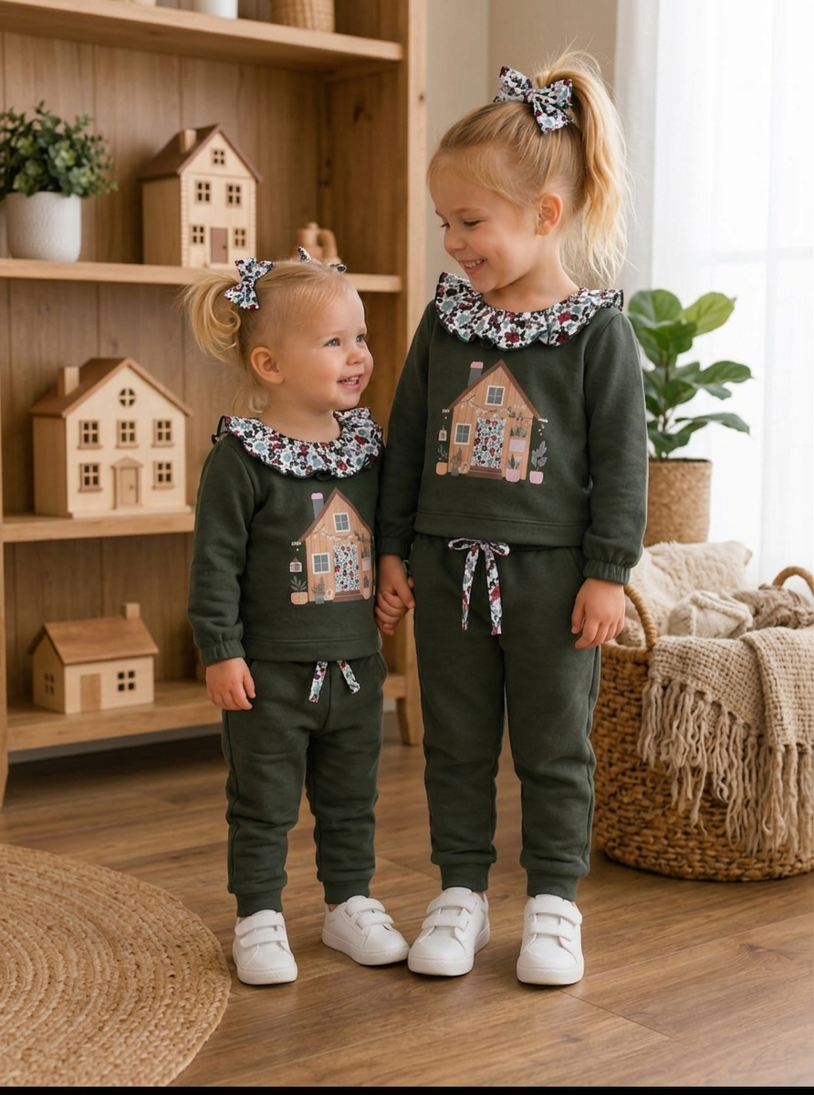 Conjunto Infantil Verde Caza con Cuello Floral | Sonajero Kids