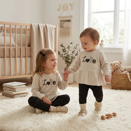 Conjunto Bebé y Niña "Love" Peplum y Lunares | Moda Infantil |Sonajero Kids