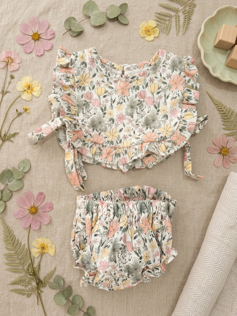 Conjunto Floral de Bebé: Blusa con Volantes y Cubrepañal | Moda Infantil | Sonajero Kids