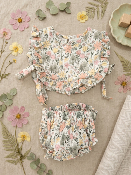 Conjunto Floral de Bebé: Blusa con Volantes y Cubrepañal | Moda Infantil | Sonajero Kids