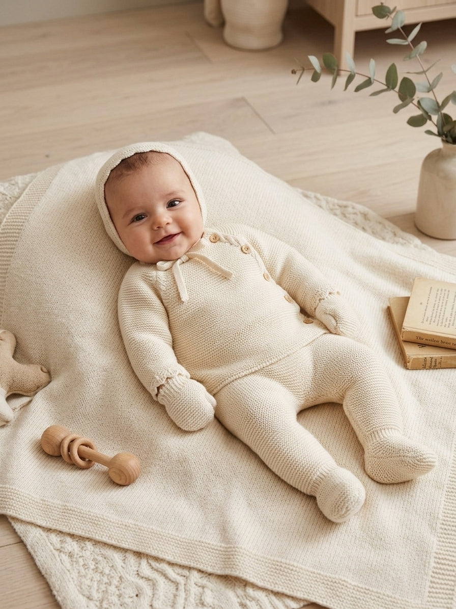 Conjunto de Punto para Bebé en Color Marfil (4 Piezas) | Moda Infantil | Sonajero Kids