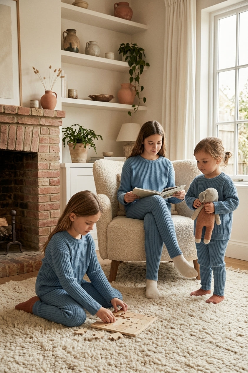 Conjunto de Punto Canalé Azul para Niña | Sonajero Kids
