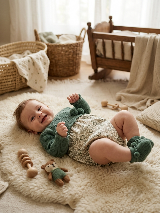 Ranita de Punto Verde y Tela Floral para Bebé | Sonajero Kids
