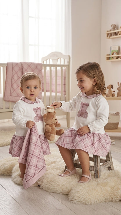 Vestido Infantil Osito y Cuadros Rosa | Moda Infantil Sonajero Kids