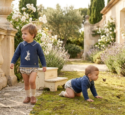 Conjunto Bebé Azul en Punto con Conejito y Braguita Cuadros  | Sonajero Kids