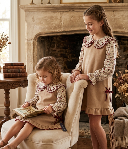Vestido Infantil Beige y Floral con Lazos Granate | Sonajero Kids