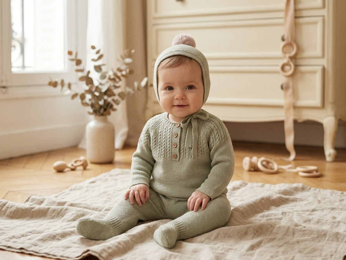 Conjunto de Punto Bebé Verde Menta (3 Piezas) | Sonajero Kids