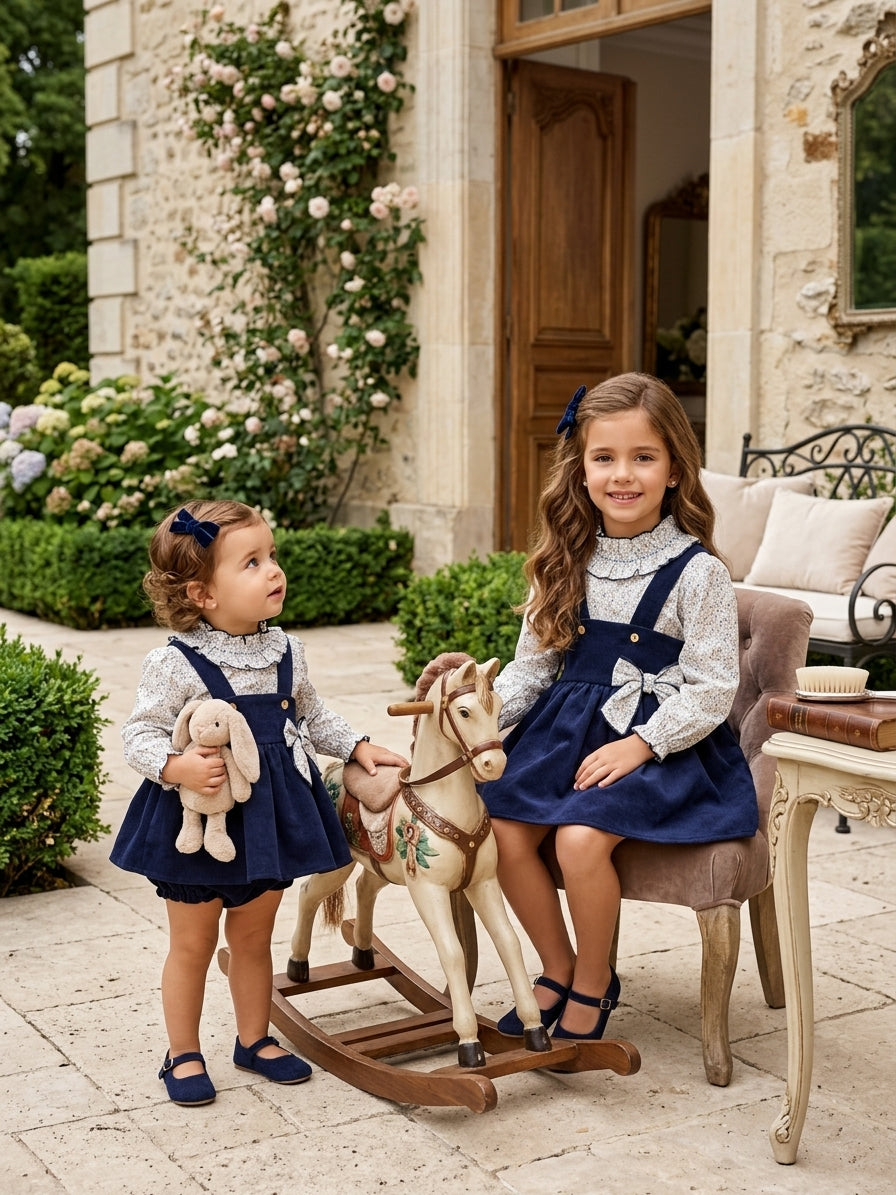 Conjunto Infantil 3 Piezas Pichi Terciopelo Marino y Blusa Floral | Sonajero Kids
