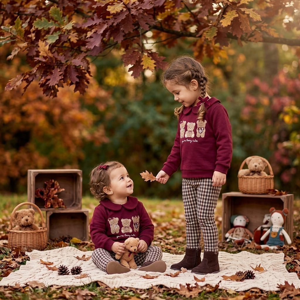 Conjunto Infantil Granate de Ositos y Cuadros | Moda Bebé y Niña | Sonajero Kids