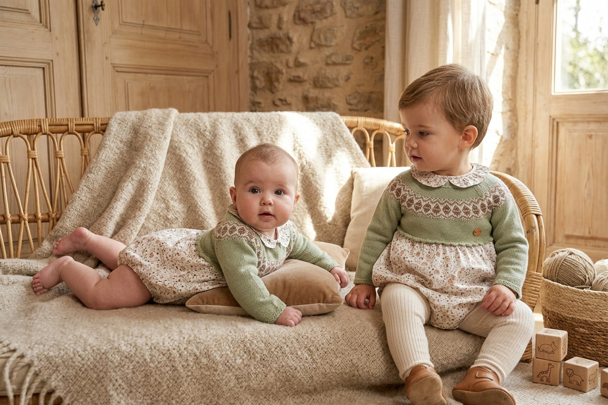 Pelele Bebé Punto Verde y Floral | Moda Infantil Clásica