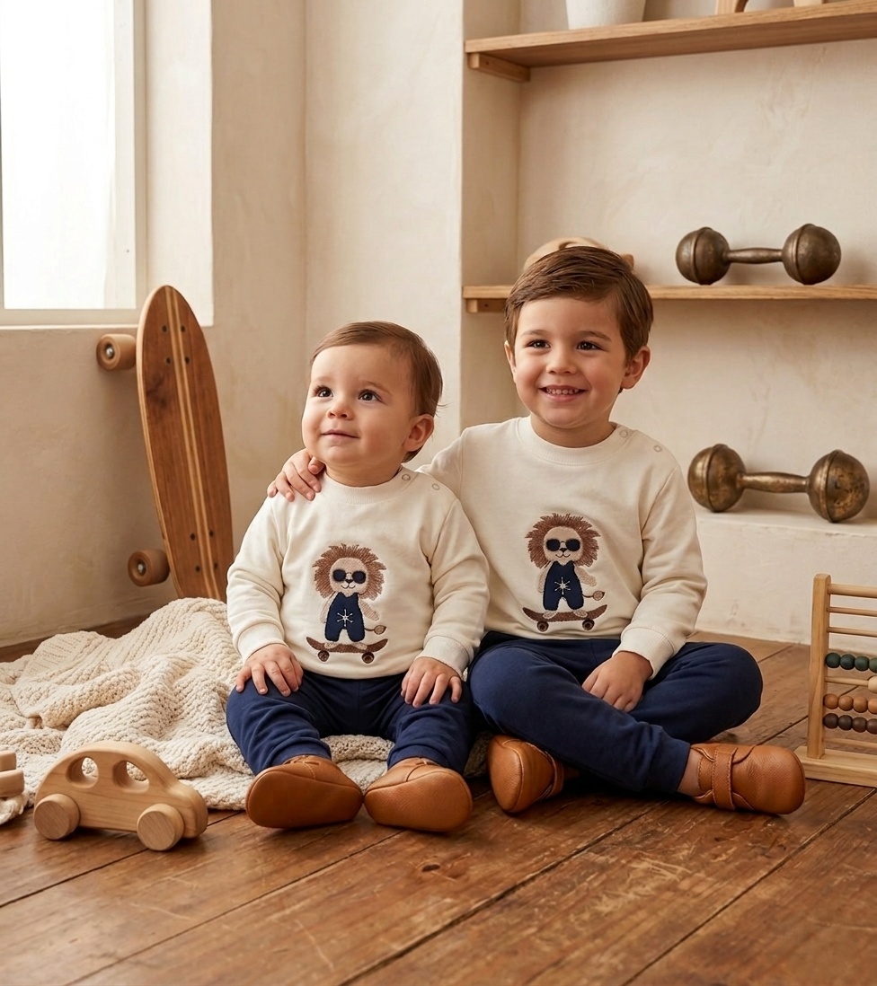 Conjunto Bebé León Skater Azul y Crudo | Sonajero Kids