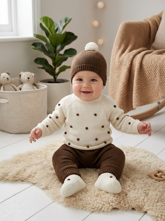 Conjunto de Punto Marrón y Crema para Bebé | Sonajero Kids