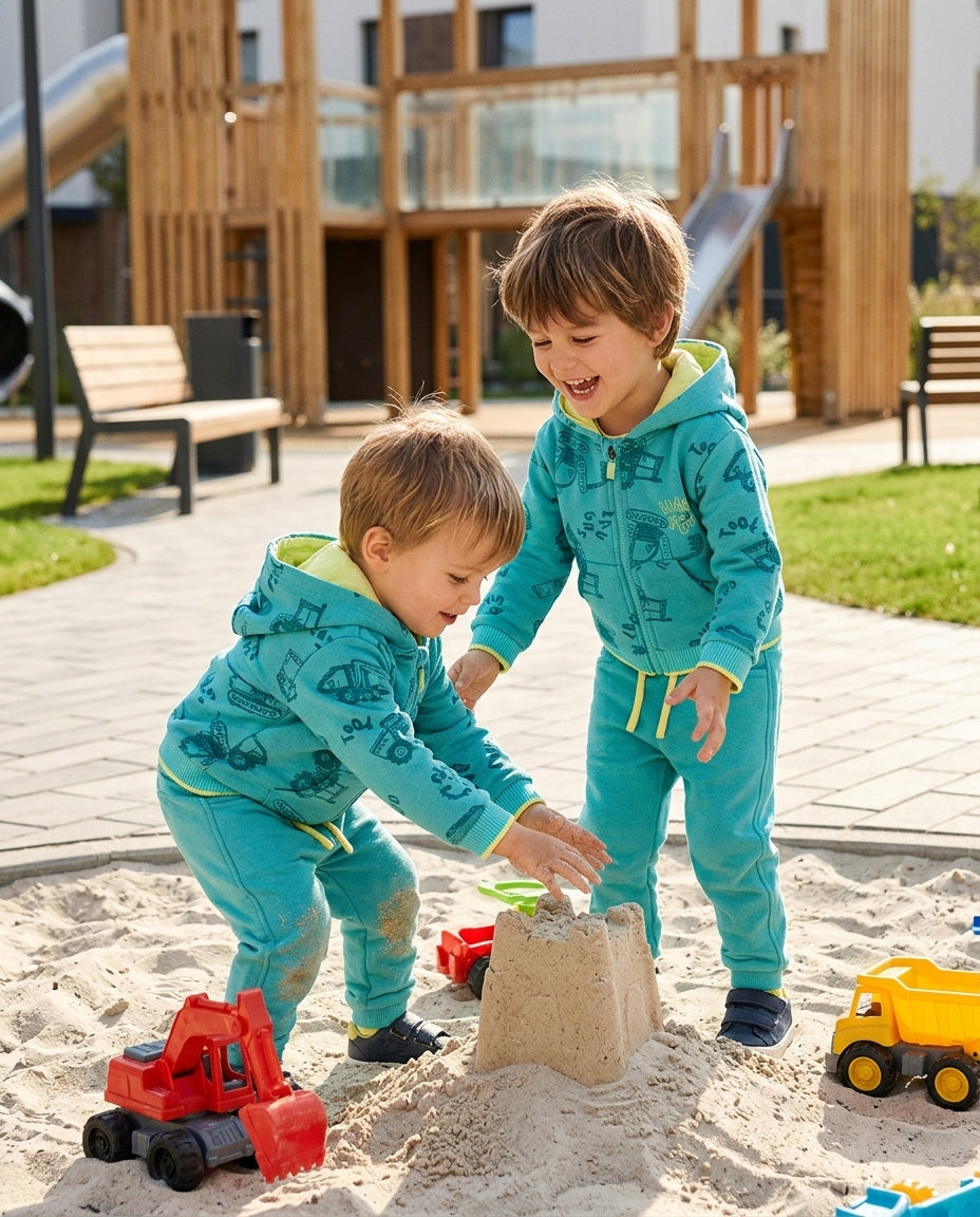 Conjunto Infantil Turquesa con Estampado de Obras | Moda Infantil   | Sonajero Kids