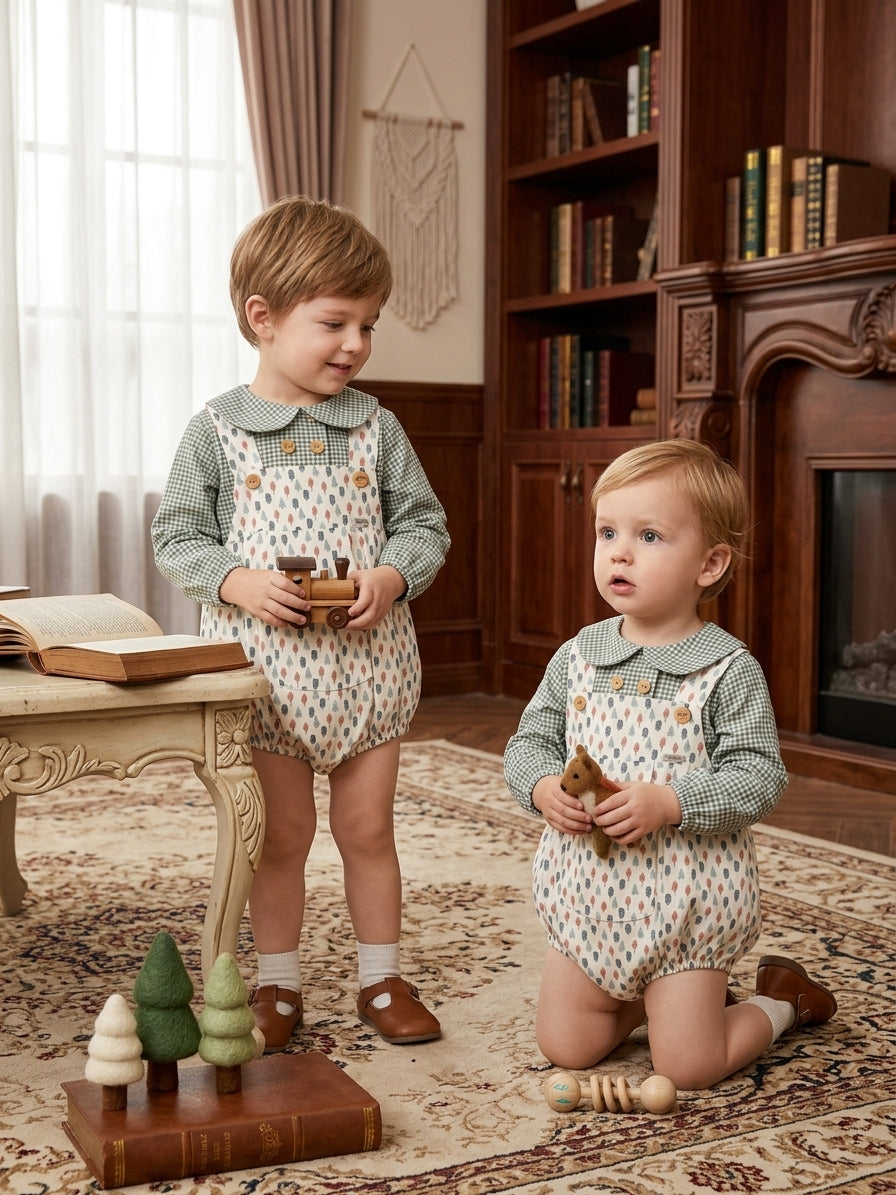 Conjunto Bebé Cuadros Vichy y Árboles | Moda Infantil Clásica | Sonajero Kids