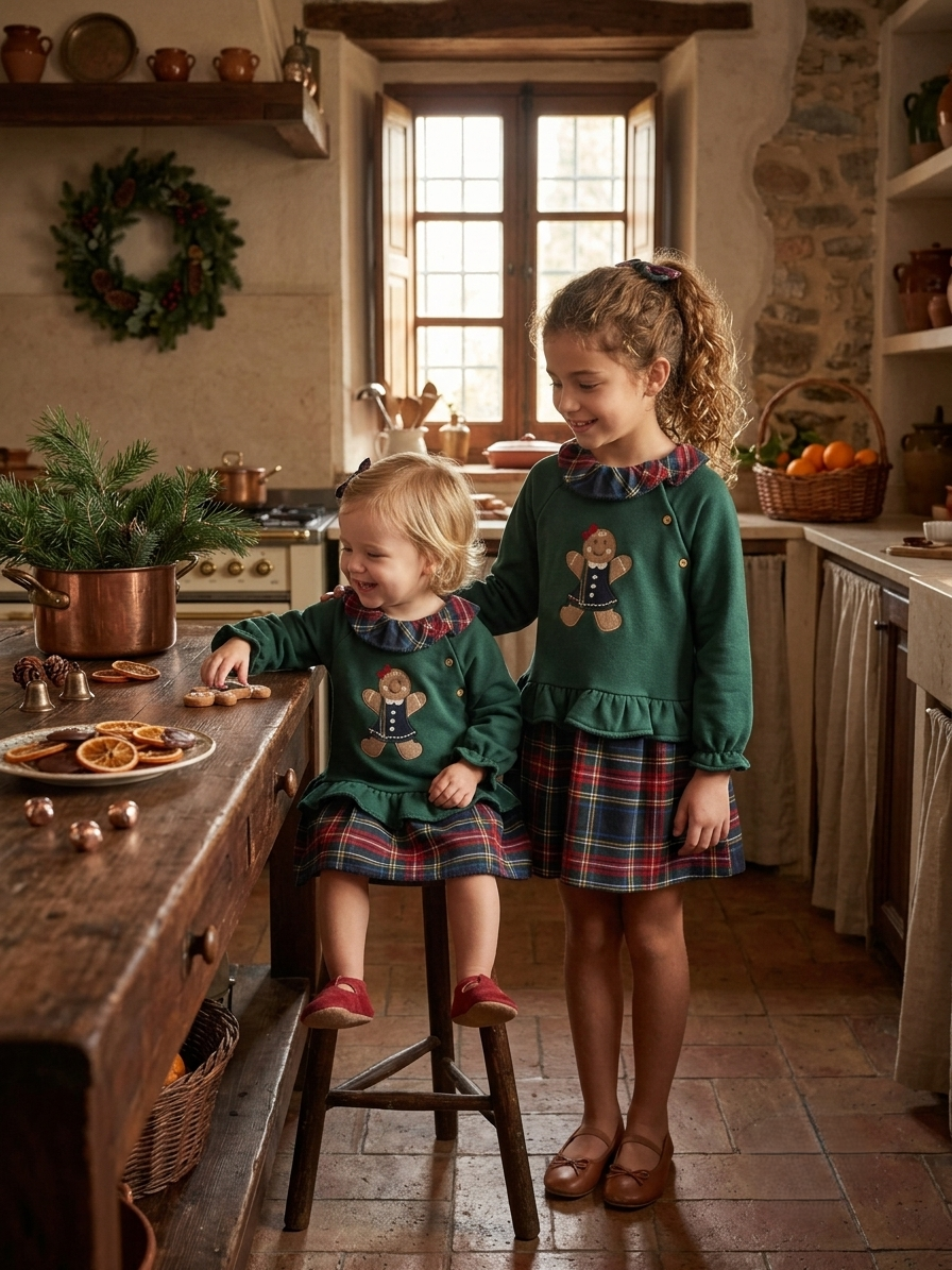 Vestido Infantil Verde Galleta de Jengibre y Tartán | Sonajero Kids