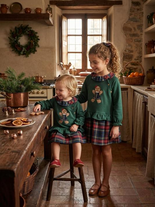 Vestido Infantil Verde Galleta de Jengibre y Tartán | Sonajero Kids