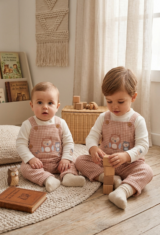 Conjunto de Peto Vichy Terracota y Body Búhos | Sonajero Kids