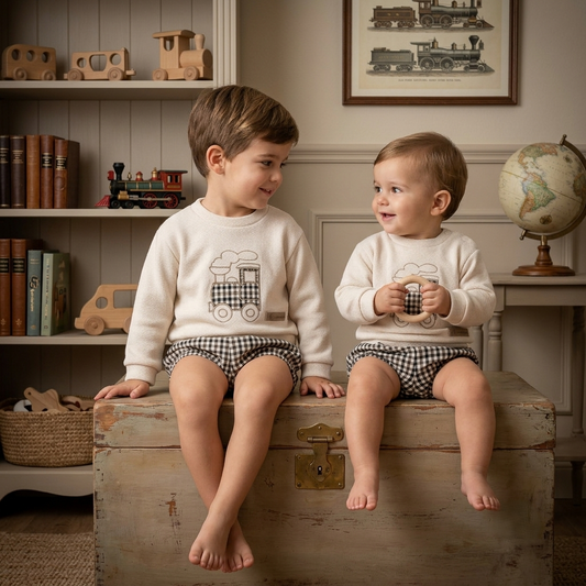 Conjunto Infantil Tren Clásico de Punto y Braguita a Cuadros | Sonajero Kids
